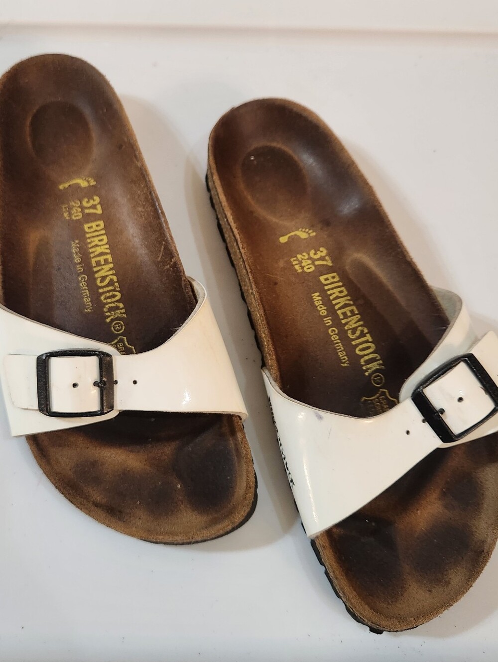 Birkenstock White Madrid Patent Leather Slide Sandals